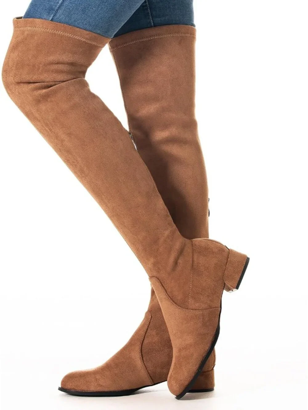 Women's Brown Flat Pointed Toe Chunky Block Heel Over The Knee High Boots